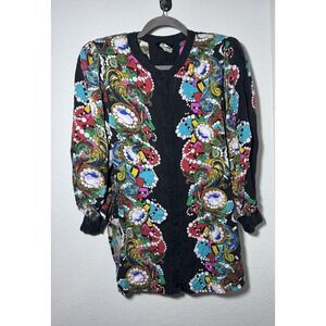 Vintage Diane Freis Originals Silk Blouse Dress Black‎ Multicolor Abstract Print